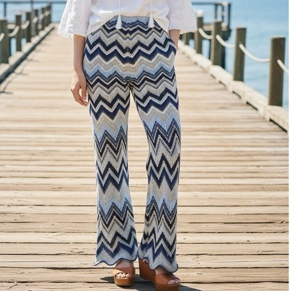 En Crème Pants - En Creme Women Blue Chevron Zig Zag Knit Wide Leg Boho Pants Small NEW